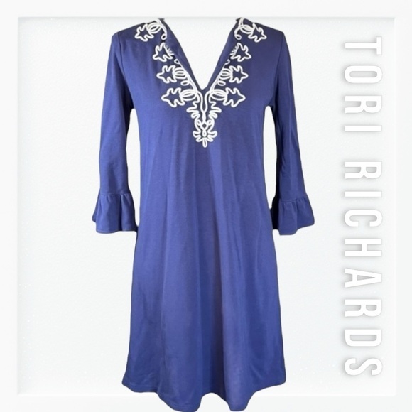 Tori Richards Periwinkle Blue Embroidered Shift Dress sz S - Picture 1 of 11